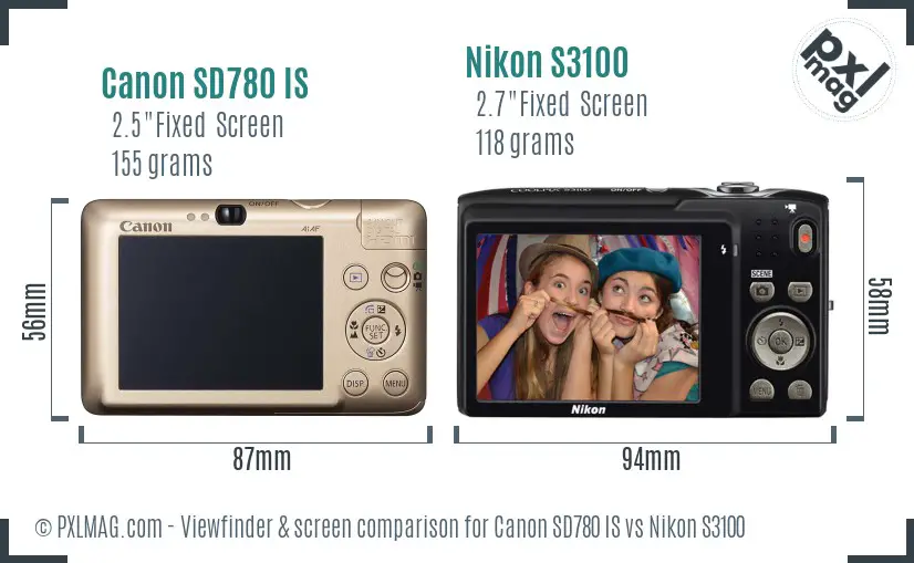 Canon SD780 IS vs Nikon S3100 Screen and Viewfinder comparison
