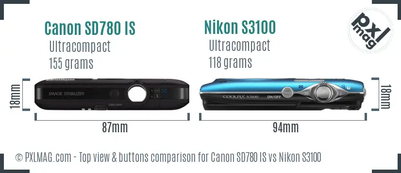 Canon SD780 IS vs Nikon S3100 top view buttons comparison
