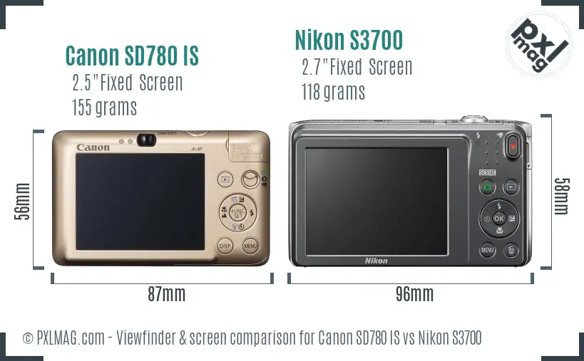 Canon SD780 IS vs Nikon S3700 Screen and Viewfinder comparison