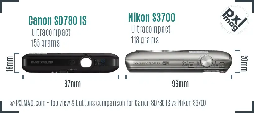 Canon SD780 IS vs Nikon S3700 top view buttons comparison