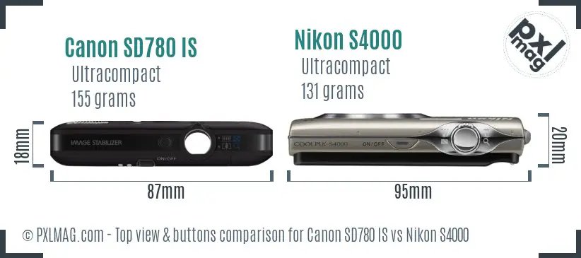 Canon SD780 IS vs Nikon S4000 top view buttons comparison