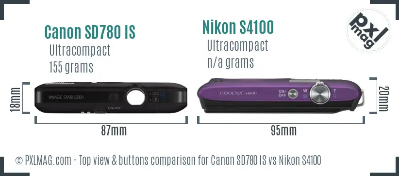 Canon SD780 IS vs Nikon S4100 top view buttons comparison