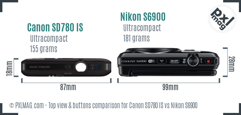 Canon SD780 IS vs Nikon S6900 top view buttons comparison