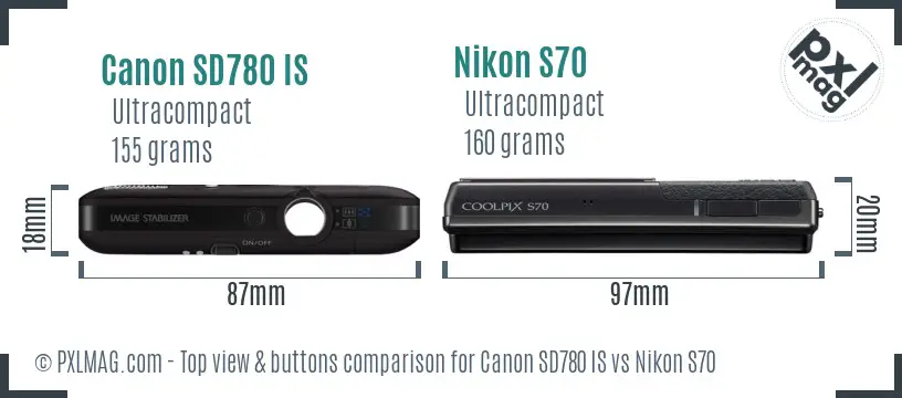 Canon SD780 IS vs Nikon S70 top view buttons comparison