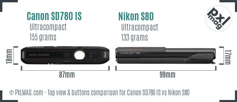 Canon SD780 IS vs Nikon S80 top view buttons comparison