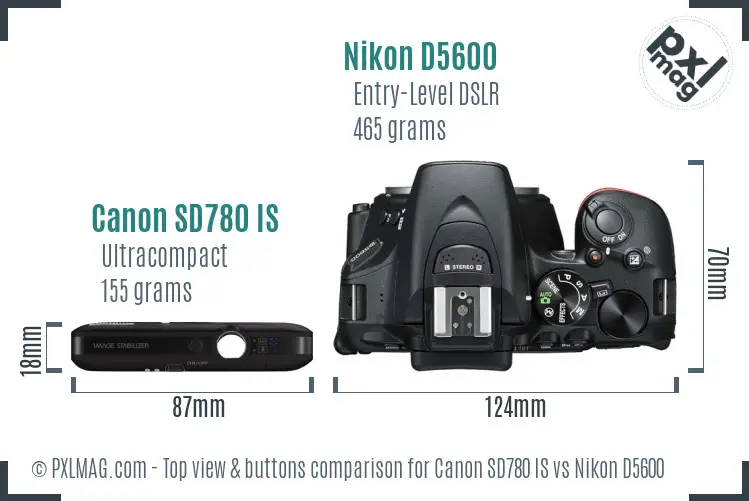 Canon SD780 IS vs Nikon D5600 top view buttons comparison