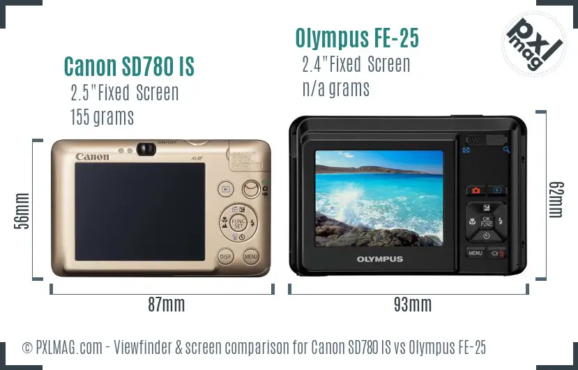 Canon SD780 IS vs Olympus FE-25 Screen and Viewfinder comparison
