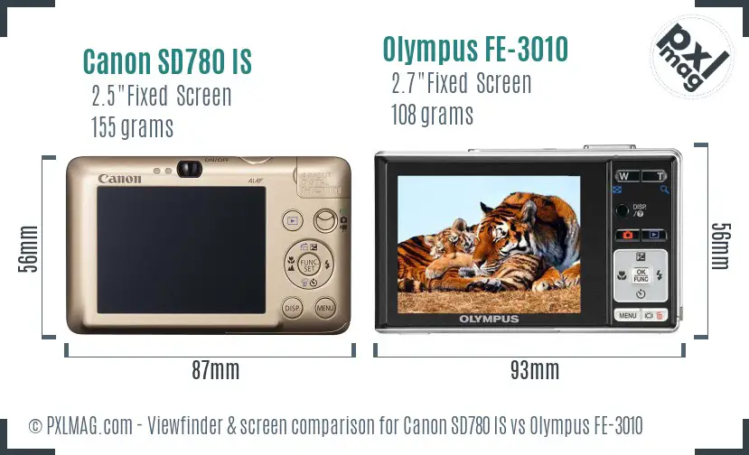 Canon SD780 IS vs Olympus FE-3010 Screen and Viewfinder comparison