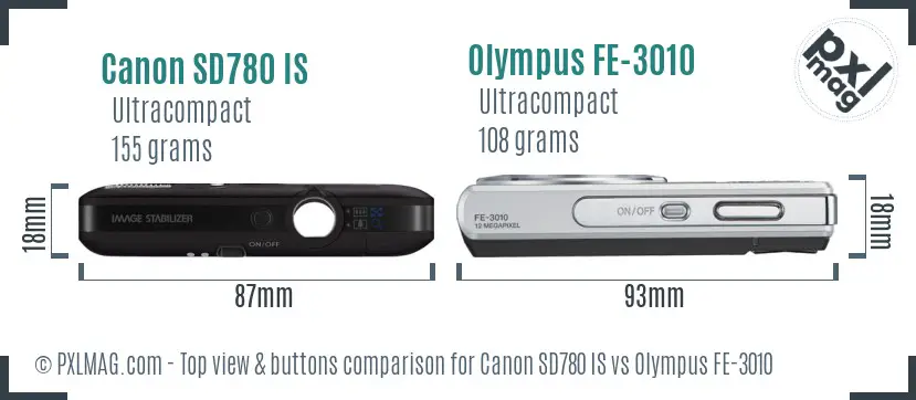Canon SD780 IS vs Olympus FE-3010 top view buttons comparison