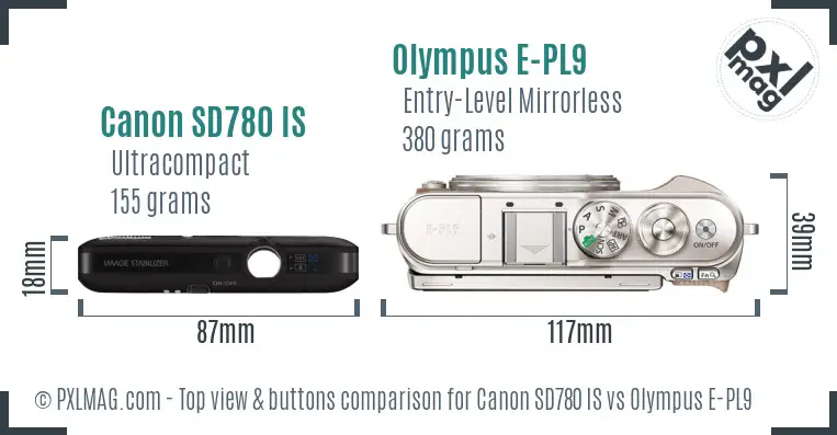 Canon SD780 IS vs Olympus E-PL9 top view buttons comparison