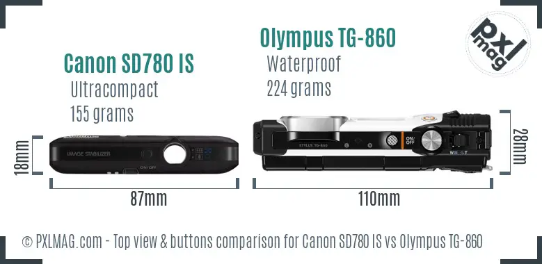 Canon SD780 IS vs Olympus TG-860 top view buttons comparison