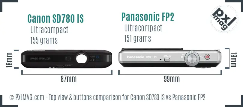 Canon SD780 IS vs Panasonic FP2 top view buttons comparison