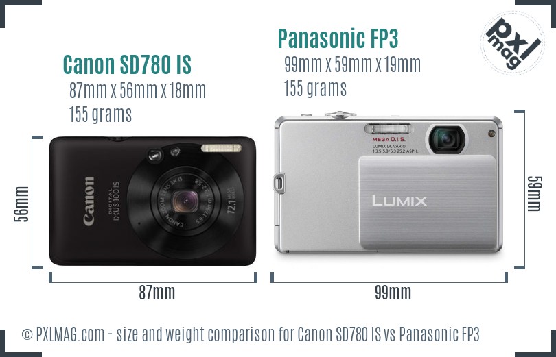Canon SD780 IS vs Panasonic FP3 size comparison