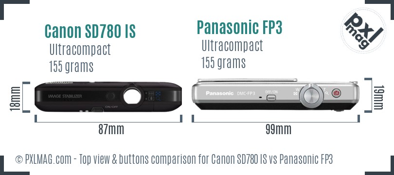 Canon SD780 IS vs Panasonic FP3 top view buttons comparison