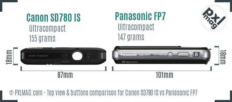 Canon SD780 IS vs Panasonic FP7 top view buttons comparison