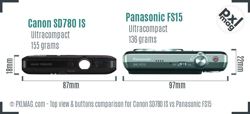 Canon SD780 IS vs Panasonic FS15 top view buttons comparison