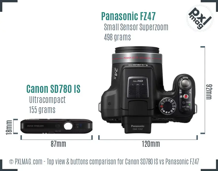 Canon SD780 IS vs Panasonic FZ47 top view buttons comparison