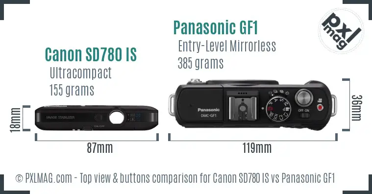 Canon SD780 IS vs Panasonic GF1 top view buttons comparison