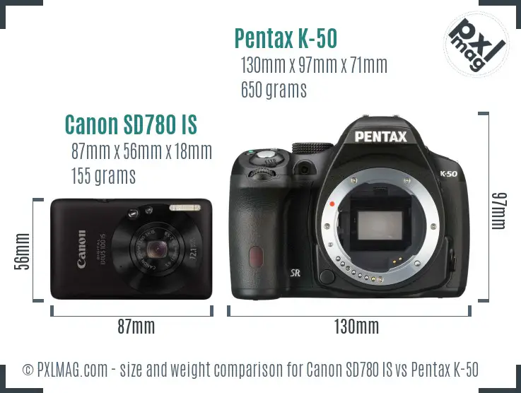 Canon SD780 IS vs Pentax K-50 size comparison