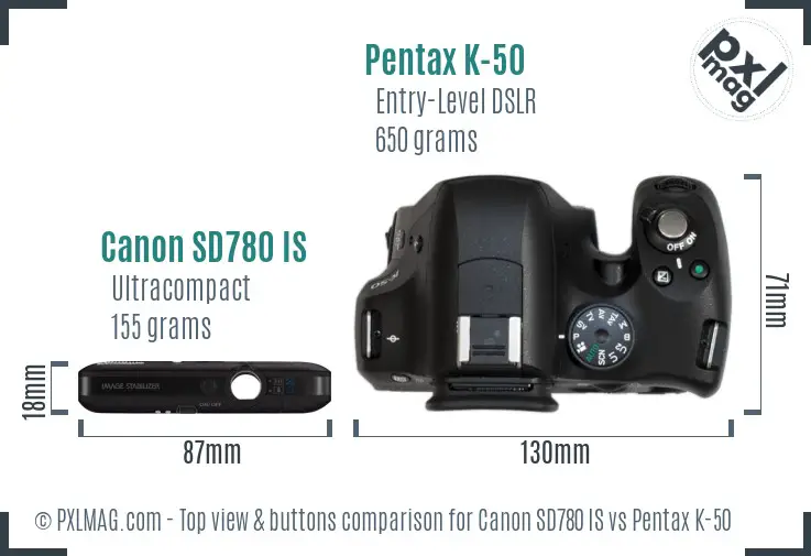 Canon SD780 IS vs Pentax K-50 top view buttons comparison