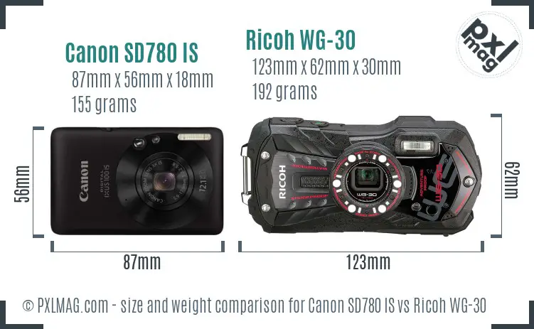 Canon SD780 IS vs Ricoh WG-30 size comparison