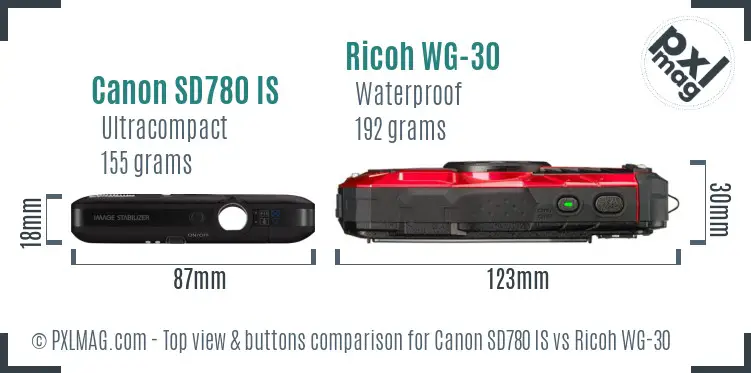 Canon SD780 IS vs Ricoh WG-30 top view buttons comparison