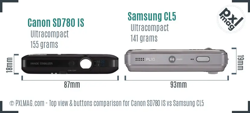 Canon SD780 IS vs Samsung CL5 top view buttons comparison