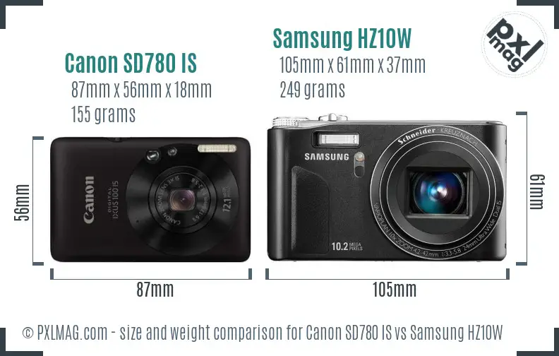 Canon SD780 IS vs Samsung HZ10W size comparison