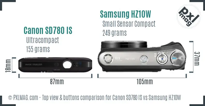 Canon SD780 IS vs Samsung HZ10W top view buttons comparison