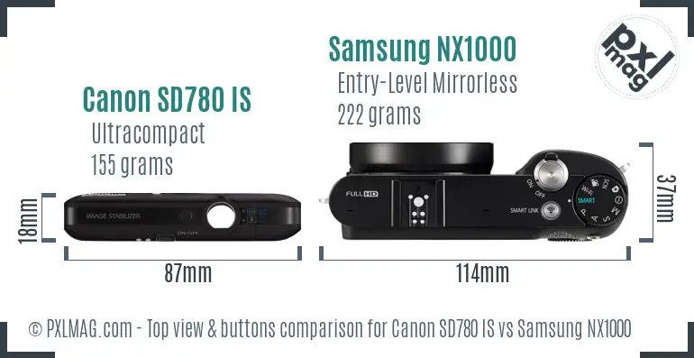 Canon SD780 IS vs Samsung NX1000 top view buttons comparison
