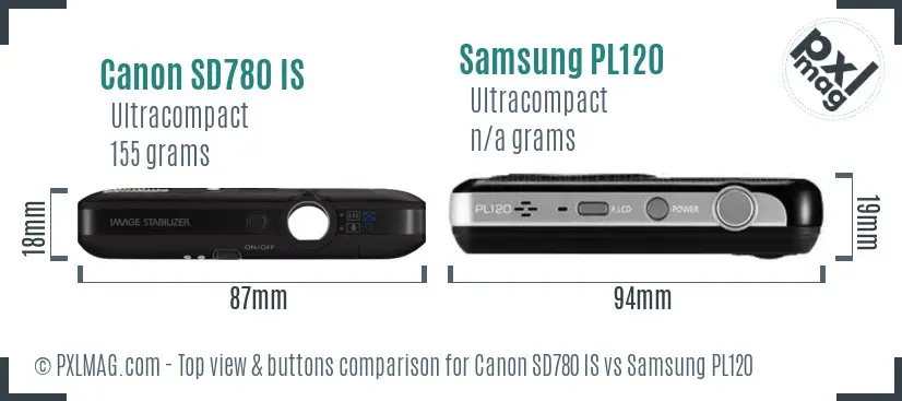 Canon SD780 IS vs Samsung PL120 top view buttons comparison