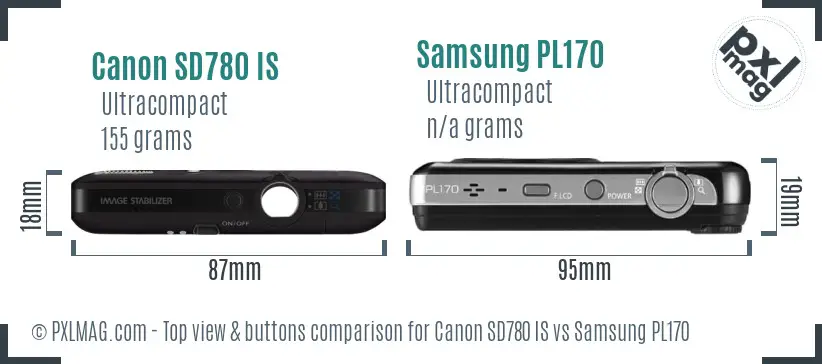 Canon SD780 IS vs Samsung PL170 top view buttons comparison