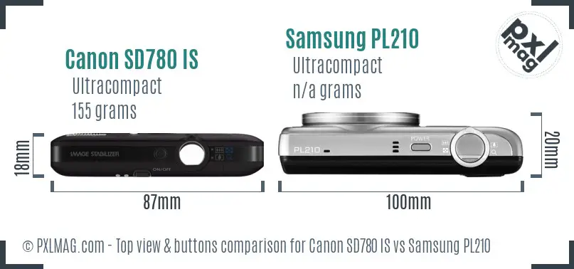Canon SD780 IS vs Samsung PL210 top view buttons comparison