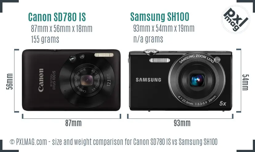 Canon SD780 IS vs Samsung SH100 size comparison