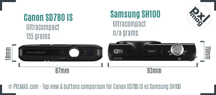 Canon SD780 IS vs Samsung SH100 top view buttons comparison