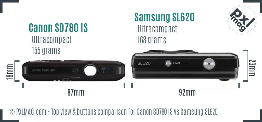 Canon SD780 IS vs Samsung SL620 top view buttons comparison