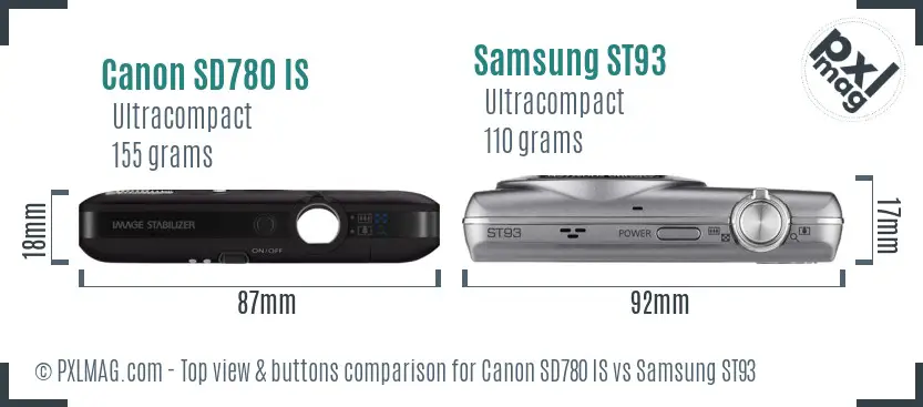 Canon SD780 IS vs Samsung ST93 top view buttons comparison