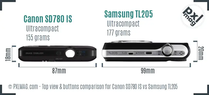 Canon SD780 IS vs Samsung TL205 top view buttons comparison