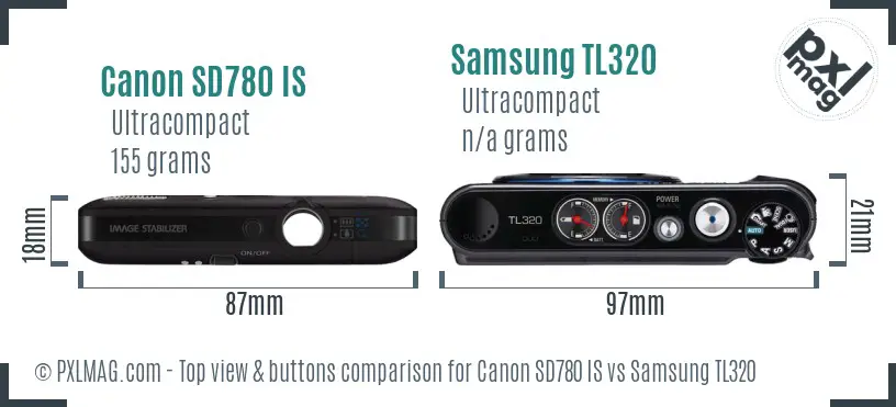 Canon SD780 IS vs Samsung TL320 top view buttons comparison