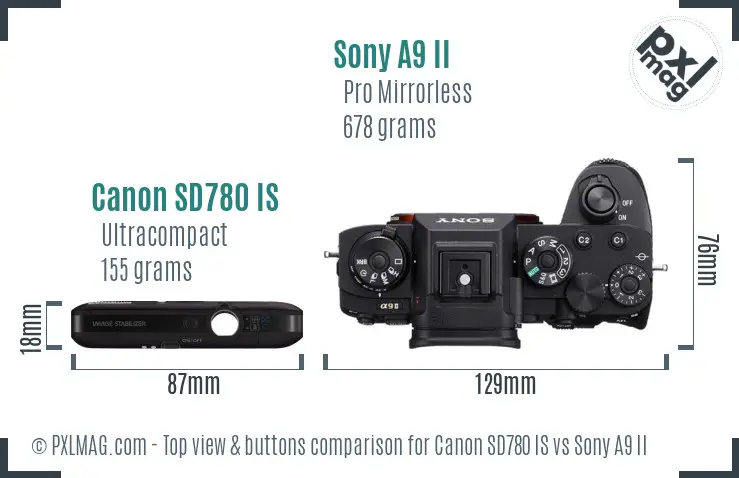 Canon SD780 IS vs Sony A9 II top view buttons comparison