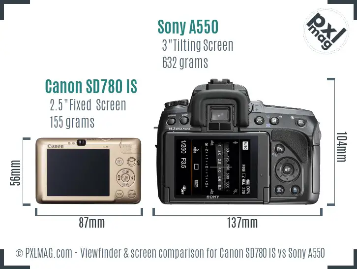 Canon SD780 IS vs Sony A550 Screen and Viewfinder comparison