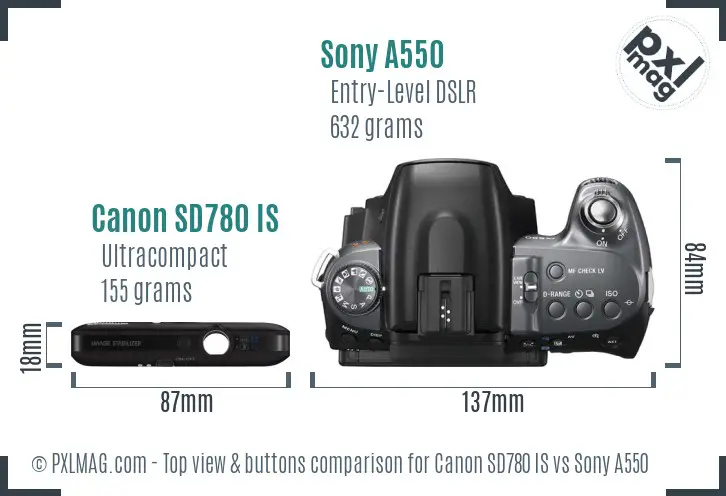 Canon SD780 IS vs Sony A550 top view buttons comparison