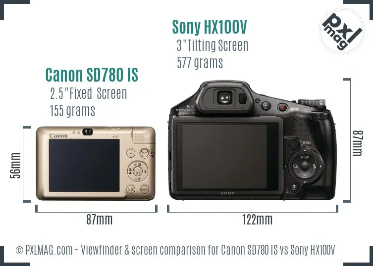 Canon SD780 IS vs Sony HX100V Screen and Viewfinder comparison
