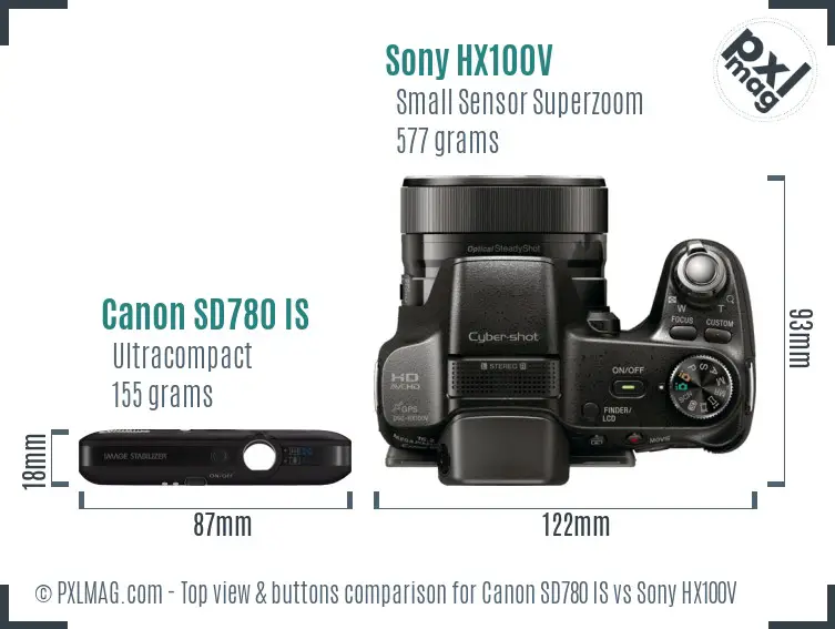 Canon SD780 IS vs Sony HX100V top view buttons comparison
