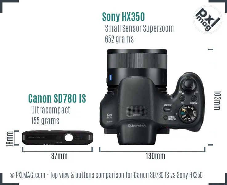 Canon SD780 IS vs Sony HX350 top view buttons comparison