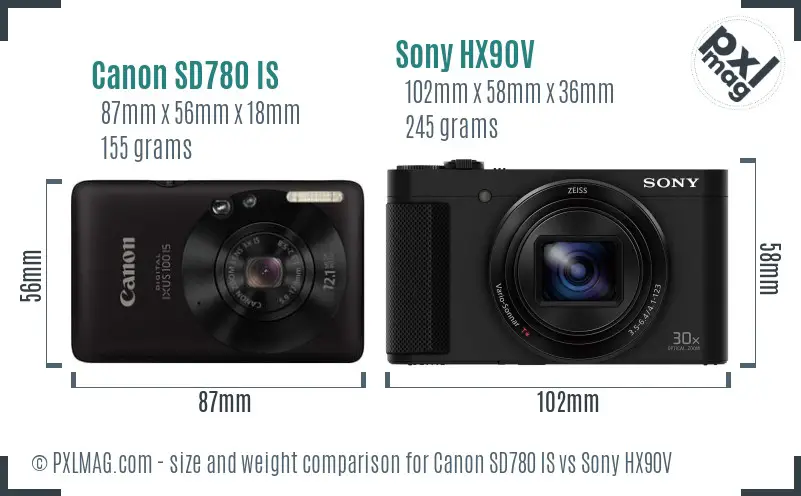 Canon SD780 IS vs Sony HX90V size comparison