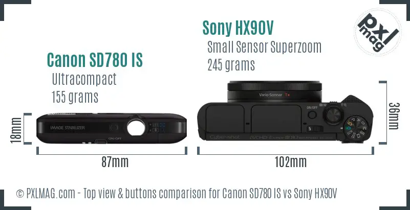Canon SD780 IS vs Sony HX90V top view buttons comparison