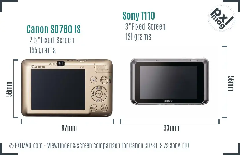 Canon SD780 IS vs Sony T110 Screen and Viewfinder comparison