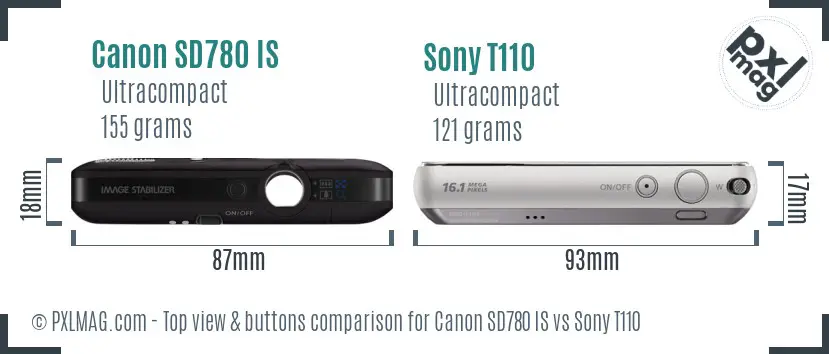 Canon SD780 IS vs Sony T110 top view buttons comparison