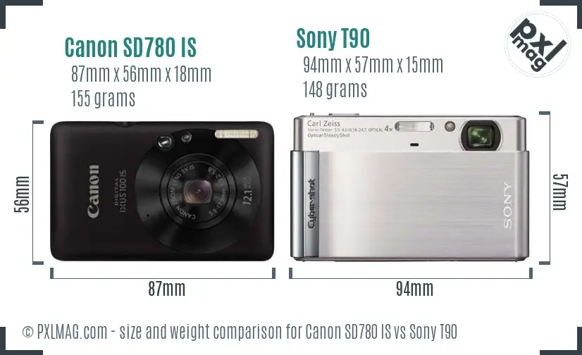 Canon SD780 IS vs Sony T90 size comparison